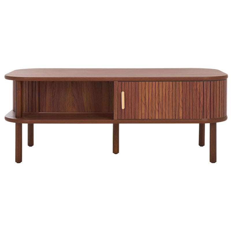 Table basse à tiroirs coulissants 2 portes Noyer/Doré pour 2 à 4 personnes