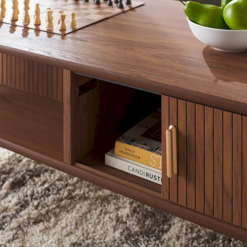Table basse à tiroirs coulissants 2 portes Noyer/Doré pour 2 à 4 personnes