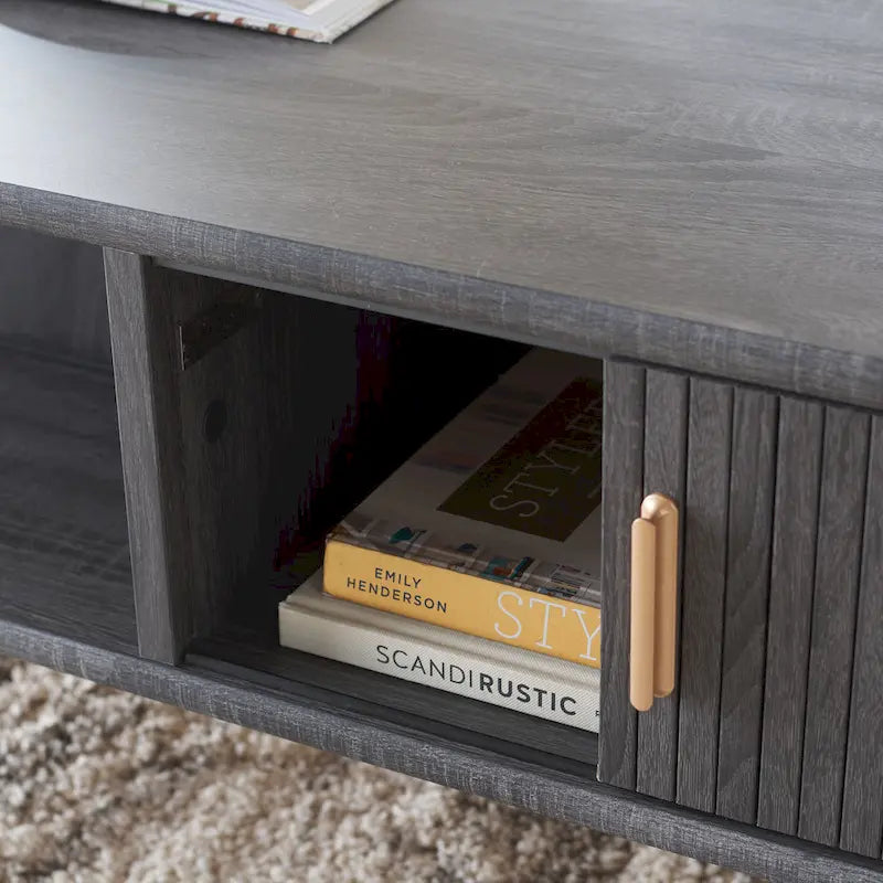 Table basse à tiroirs coulissants 2 portes Noyer/Doré pour 2 à 4 personnes